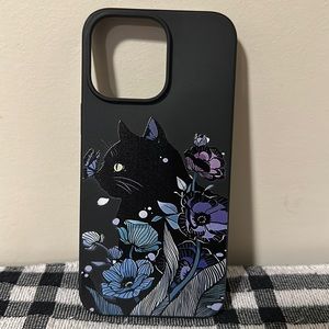 iPhone 14 Pro Max Black Cat/Flowers Protective Case~New!